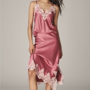 BY ANTHROPOLOGIE Lace-Trim Bias Cut Tank Top & Midi Slip Skirt Set in Rose